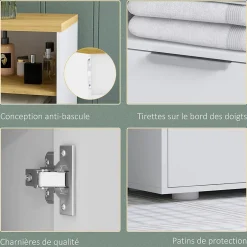 kleankin Meuble bas salle de bain - 2 portes, étagère, 2 niches - dim. 60L x 30l x 102H cm - blanc bois clair