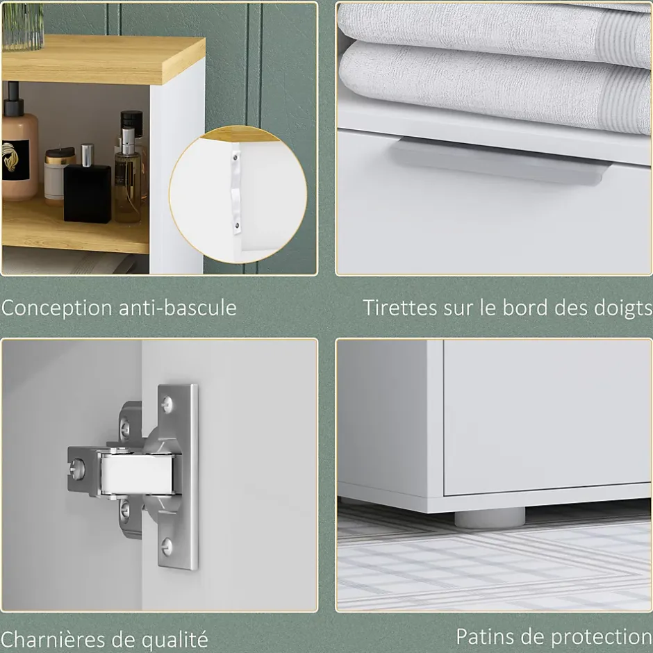 kleankin Meuble bas salle de bain - 2 portes, étagère, 2 niches - dim. 60L x 30l x 102H cm - blanc bois clair