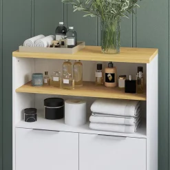 kleankin Meuble bas salle de bain - 2 portes, étagère, 2 niches - dim. 60L x 30l x 102H cm - blanc bois clair