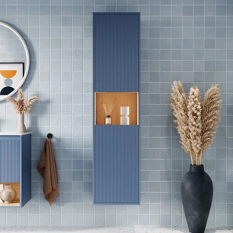 Bernstein Meuble Colonne Armoire suspendue Bleu azur mat MDF 42x170x35cm (LxHxP), Charnières flexibles gauche/droite - BELDIVO* Colonne De Salle De Bains