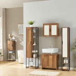 [En.Casa] Meuble colonne de salle de bain Namsskogan 160 x 24 x 30 cm effet noyer noir en.casa
