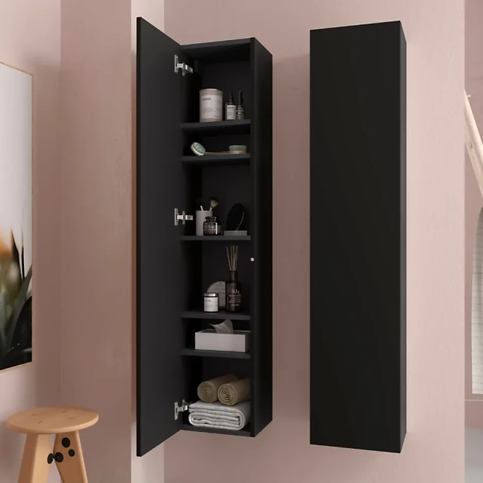 Planète Bain Meuble colonne de salle de bain H 140 cm coloris noir mat à suspendre - KARAIB