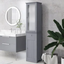 kleankin Meuble colonne de salle de bain placard porte acrylique 2 étagères placard porte 1 étagère tiroir MDF gris* Colonne De Salle De Bains