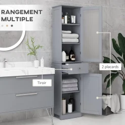 kleankin Meuble colonne de salle de bain placard porte acrylique 2 étagères placard porte 1 étagère tiroir MDF gris* Colonne De Salle De Bains
