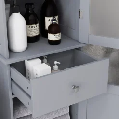kleankin Meuble colonne de salle de bain placard porte acrylique 2 étagères placard porte 1 étagère tiroir MDF gris* Colonne De Salle De Bains
