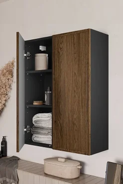Furnidea Meuble colonne de salle de bain suspendu TALIA CASELLA noir et chêne 30 x 80 cm