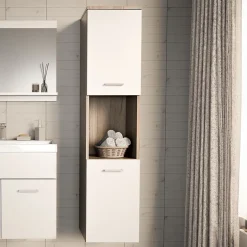 [En.Casa] Meuble colonne de salle de bain suspendu Krildihana 131 x 30 x 30 cm effet chêne blanc argent en.casa