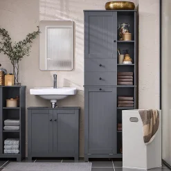 Sobuy Meuble Colonne de Salle de Bain avec 6 étagères et 1 Panier à Linge , BZR104-DG,* Colonne De Salle De Bains