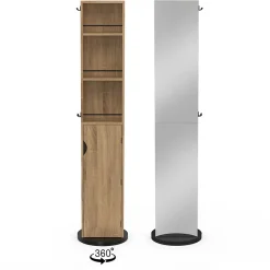 IDMarket Meuble colonne pivotante de salle de bain avec miroir, placard et étagères hêtre et noir ELIA* Armoire De Salle De Bains