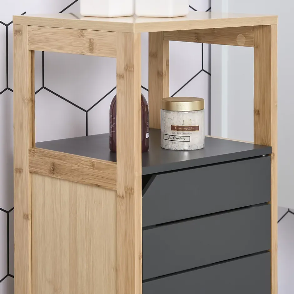 Homcom Meuble colonne rangement salle de bain style cosy dim. 32L x 30l x 80H cm porte étagères niche bambou gris