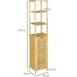 kleankin Meuble colonne rangement salle de bain style cosy dim. 34L x 30l x 173H cm porte à lattes 3 étagères bambou MDF aspect bois clair