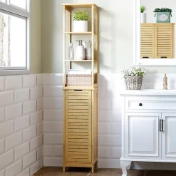 kleankin Meuble colonne rangement salle de bain style cosy dim. 34L x 30l x 173H cm porte à lattes 3 étagères bambou MDF aspect bois clair