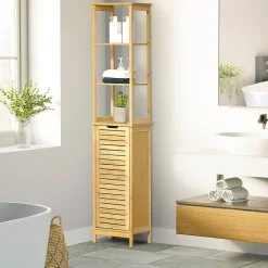kleankin Meuble colonne rangement salle de bain style cosy dim. 34L x 30l x 173H cm porte à lattes 3 étagères bambou MDF aspect bois clair