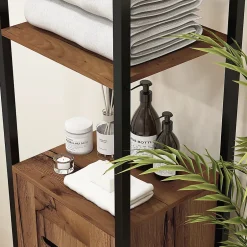 kleankin Meuble colonne rangement salle de bain style cosy dim. 37L x 30l x 167H cm 3 étagères porte ajourée acier noir aspect bois* Colonne De Salle De Bains
