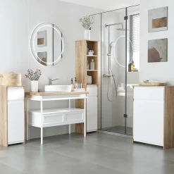 kleankin Meuble colonne rangement salle de bain style cosy 3 niches tiroir placard avec étagère blanc aspect chêne clair* Colonne De Salle De Bains