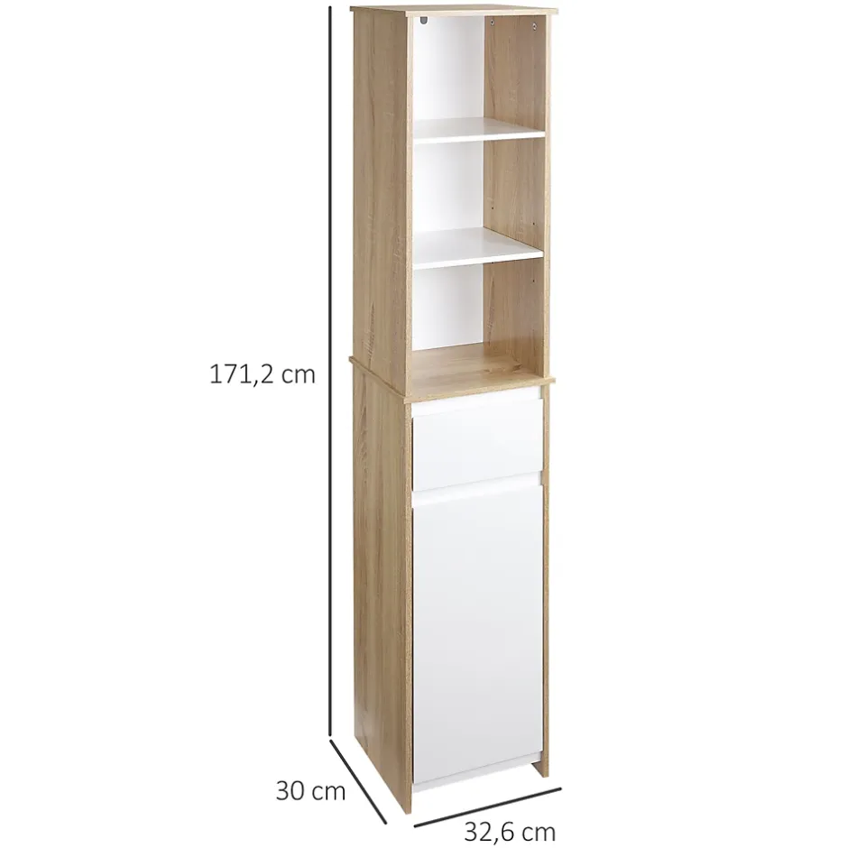kleankin Meuble colonne rangement salle de bain style cosy 3 niches tiroir placard avec étagère blanc aspect chêne clair* Colonne De Salle De Bains