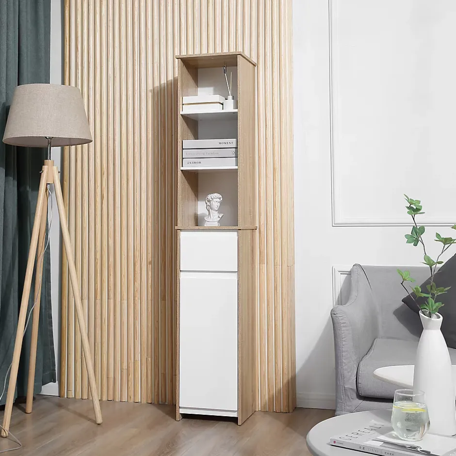 kleankin Meuble colonne rangement salle de bain style cosy 3 niches tiroir placard avec étagère blanc aspect chêne clair* Colonne De Salle De Bains