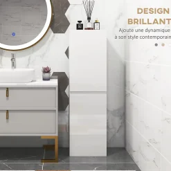 kleankin Meuble colonne rangement salle de bain style contemporain façade laquée 2 portes étagères blanc* Colonne De Salle De Bains