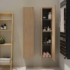 Planète Bain Meuble colonne salle de bain 140 cm suspendu - Effet chêne Sonoma - Karaib 2* Colonne De Salle De Bains