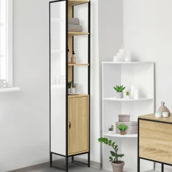 IDMarket Meuble colonne salle de bain DETROIT 1 porte avec miroir et étagères design industriel