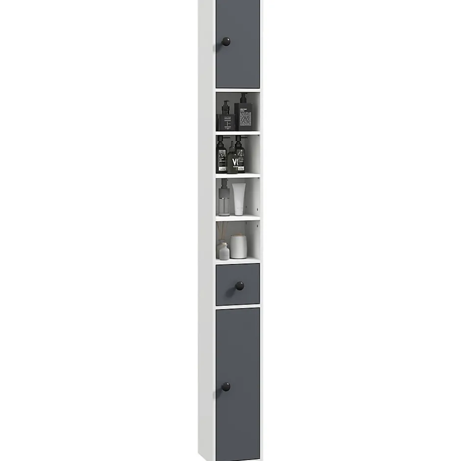 kleankin Meuble colonne salle de bain 2 portes 2 étagères 4 niches tiroir poignées métal noir panneaux blanc gris* Colonne De Salle De Bains