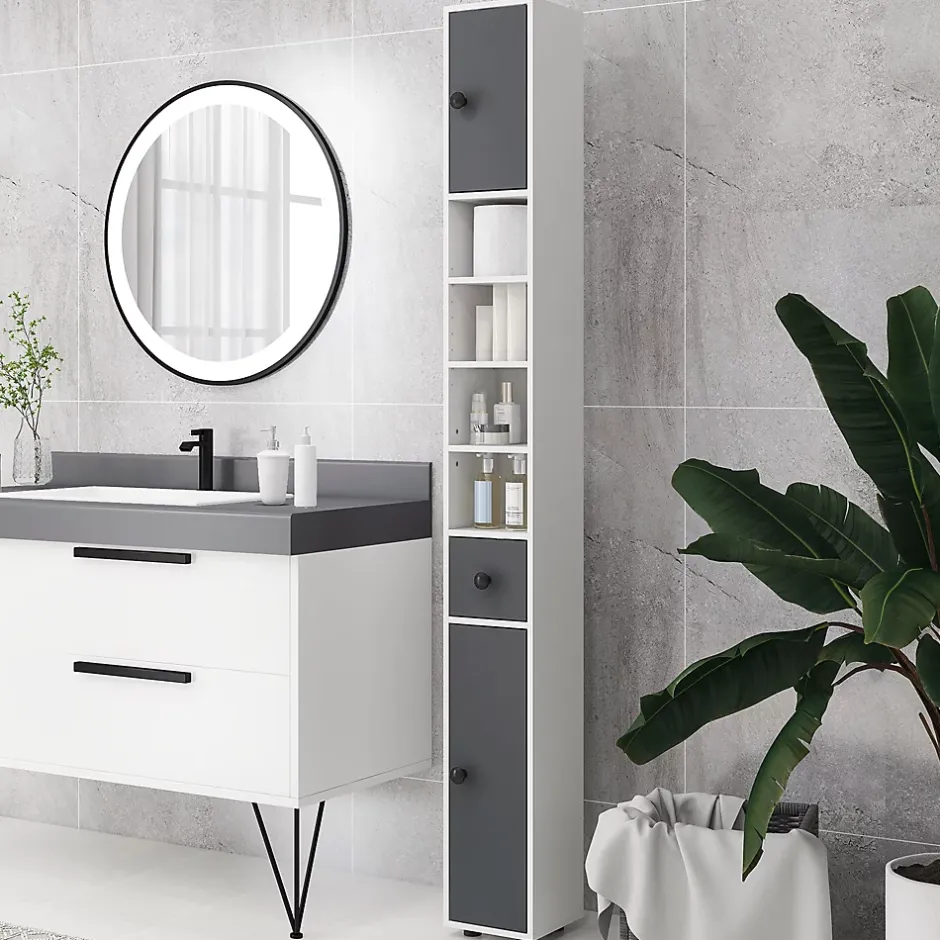 kleankin Meuble colonne salle de bain 2 portes 2 étagères 4 niches tiroir poignées métal noir panneaux blanc gris* Colonne De Salle De Bains