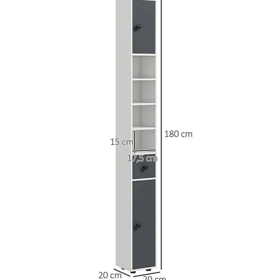 kleankin Meuble colonne salle de bain 2 portes 2 étagères 4 niches tiroir poignées métal noir panneaux blanc gris* Colonne De Salle De Bains