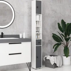 kleankin Meuble colonne salle de bain 2 portes 2 étagères 4 niches tiroir poignées métal noir panneaux blanc gris* Colonne De Salle De Bains