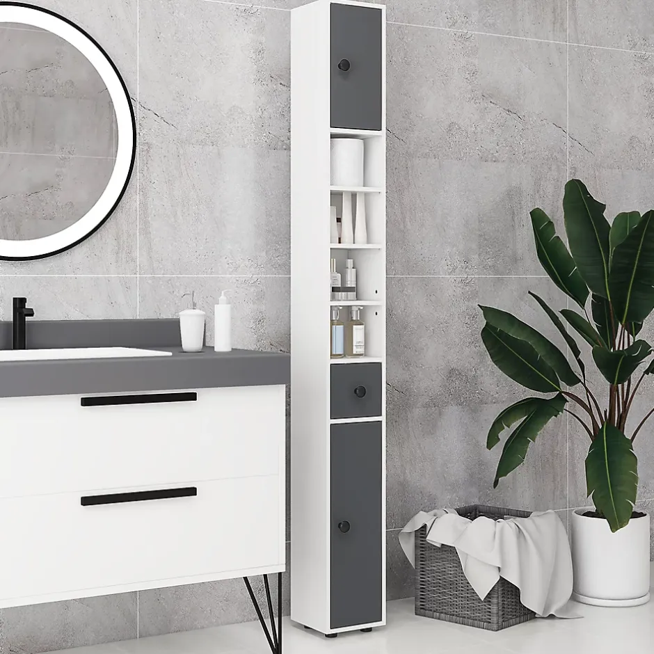kleankin Meuble colonne salle de bain 2 portes 2 étagères 4 niches tiroir poignées métal noir panneaux blanc gris* Colonne De Salle De Bains