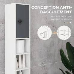 kleankin Meuble colonne salle de bain 2 portes 2 étagères 4 niches tiroir poignées métal noir panneaux blanc gris* Colonne De Salle De Bains