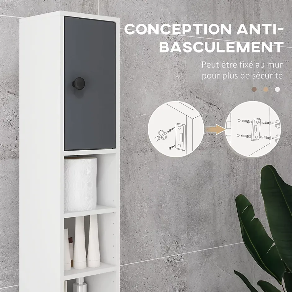 kleankin Meuble colonne salle de bain 2 portes 2 étagères 4 niches tiroir poignées métal noir panneaux blanc gris* Colonne De Salle De Bains