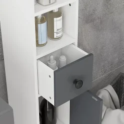 kleankin Meuble colonne salle de bain 2 portes 2 étagères 4 niches tiroir poignées métal noir panneaux blanc gris* Colonne De Salle De Bains