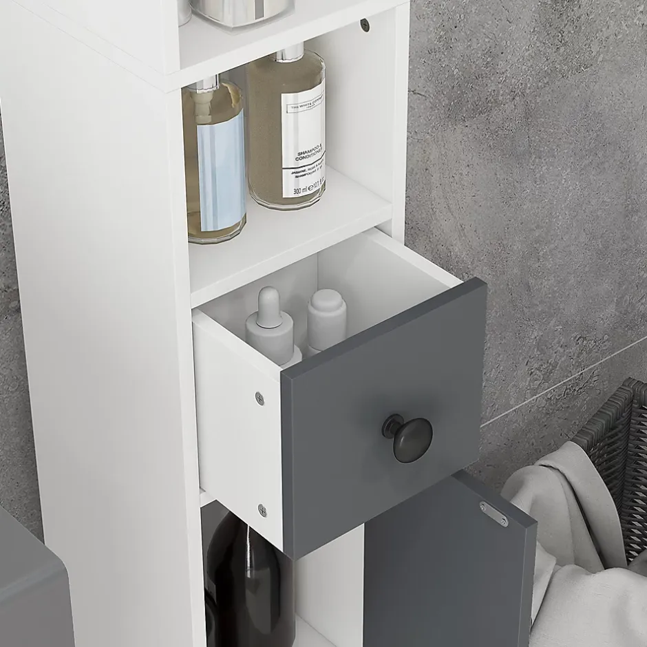 kleankin Meuble colonne salle de bain 2 portes 2 étagères 4 niches tiroir poignées métal noir panneaux blanc gris* Colonne De Salle De Bains