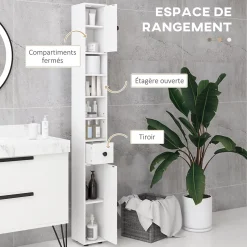 kleankin Meuble colonne salle de bain 2 portes 2 étagères 4 niches tiroir poignées métal noir panneaux blanc* Colonne De Salle De Bains