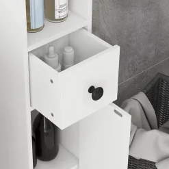 kleankin Meuble colonne salle de bain 2 portes 2 étagères 4 niches tiroir poignées métal noir panneaux blanc* Colonne De Salle De Bains