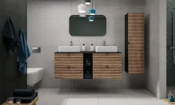 Furnidea Meuble colonne suspendu de salle de bain AURA LOFT noir et chêne 35/136 cm* Colonne De Salle De Bains