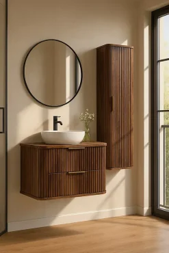 Furnidea Meuble colonne suspendu de salle de bain GLAMOUR coloris noyer foncé 35 x 139 cm* Colonne De Salle De Bains