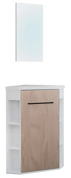 Ondee Meuble d’angle tout en un compact H.84 x l.46 cm, blanc mat, porte décor bois, Nova