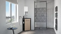 Ondee Meuble d’angle tout en un compact H.84 x l.46 cm, noir mat, porte décor bois, Nova* Lave-Mains|Meuble Vasque