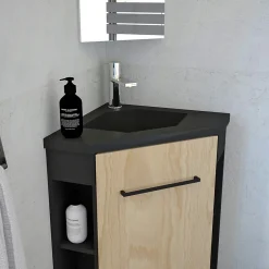 Ondee Meuble d’angle tout en un compact H.84 x l.46 cm, noir mat, porte décor bois, Nova* Lave-Mains|Meuble Vasque