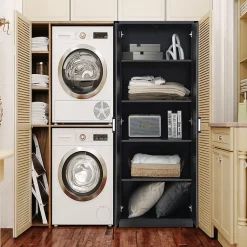 Giantex Meuble de Rangement Haute à 5 Niveaux Meuble Autoportant avec Doubles Portes et étagères Ajustables Antibasculement Noir