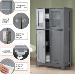 Giantex Meuble de Rangement Placard Buffet sur Pied avec Etagère Réglable avec 4 Portes et Verre Trempé Gris* Armoire De Salle De Bains|Meuble De Salle De Bains Faible Profondeur