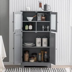 Giantex Meuble de Rangement Placard Buffet sur Pied avec Etagère Réglable avec 4 Portes et Verre Trempé Gris* Armoire De Salle De Bains|Meuble De Salle De Bains Faible Profondeur