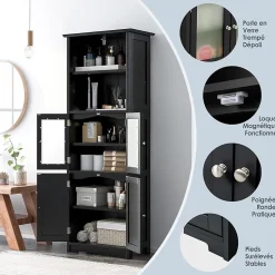 Giantex Meuble de Rangement pour Salle de Bain avec 3 Parties,6 Niveaux ,2 Étagères et 2 Compartiments,Portes en Verre et Poignées(Noir)* Armoire De Salle De Bains