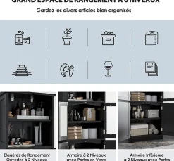 Giantex Meuble de Rangement pour Salle de Bain avec 3 Parties,6 Niveaux ,2 Étagères et 2 Compartiments,Portes en Verre et Poignées(Noir)* Armoire De Salle De Bains