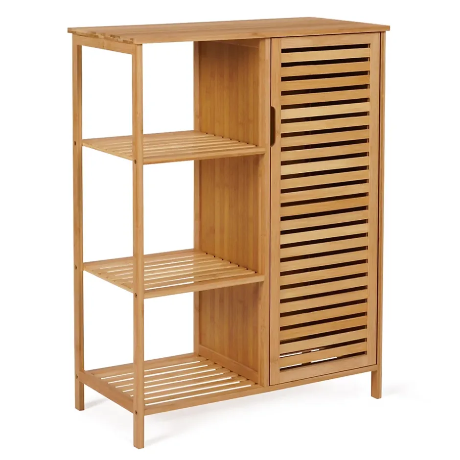 IDMarket Meuble de rangement salle de bain bambou BEA 3 étagères avec placard* Armoire De Salle De Bains