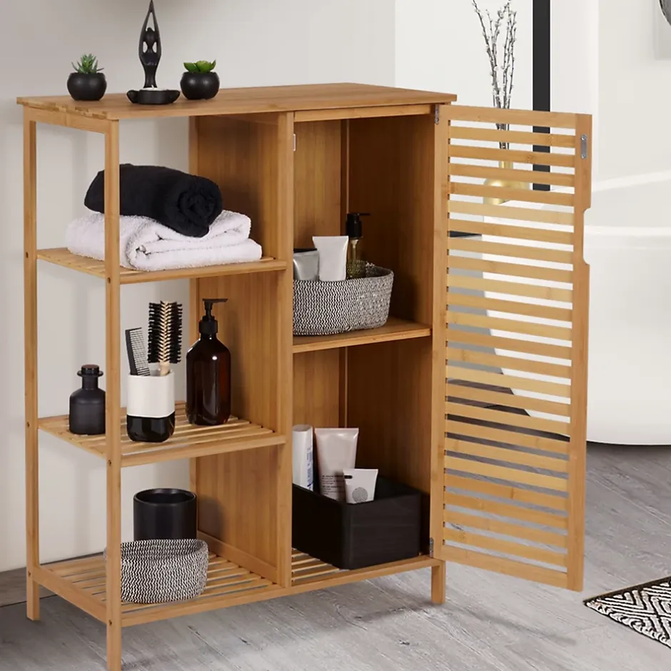 IDMarket Meuble de rangement salle de bain bambou BEA 3 étagères avec placard* Armoire De Salle De Bains
