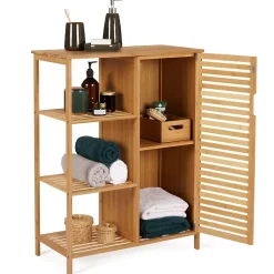 IDMarket Meuble de rangement salle de bain bambou BEA 3 étagères avec placard* Armoire De Salle De Bains