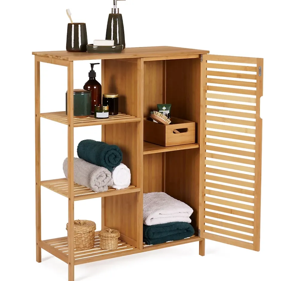 IDMarket Meuble de rangement salle de bain bambou BEA 3 étagères avec placard* Armoire De Salle De Bains