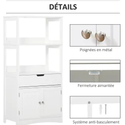 kleankin Meuble de rangement salle de bain - 2 portes, tiroir, 3 étagères - dim. 60L x 33l x 122H cm - MDF blanc* Armoire De Salle De Bains